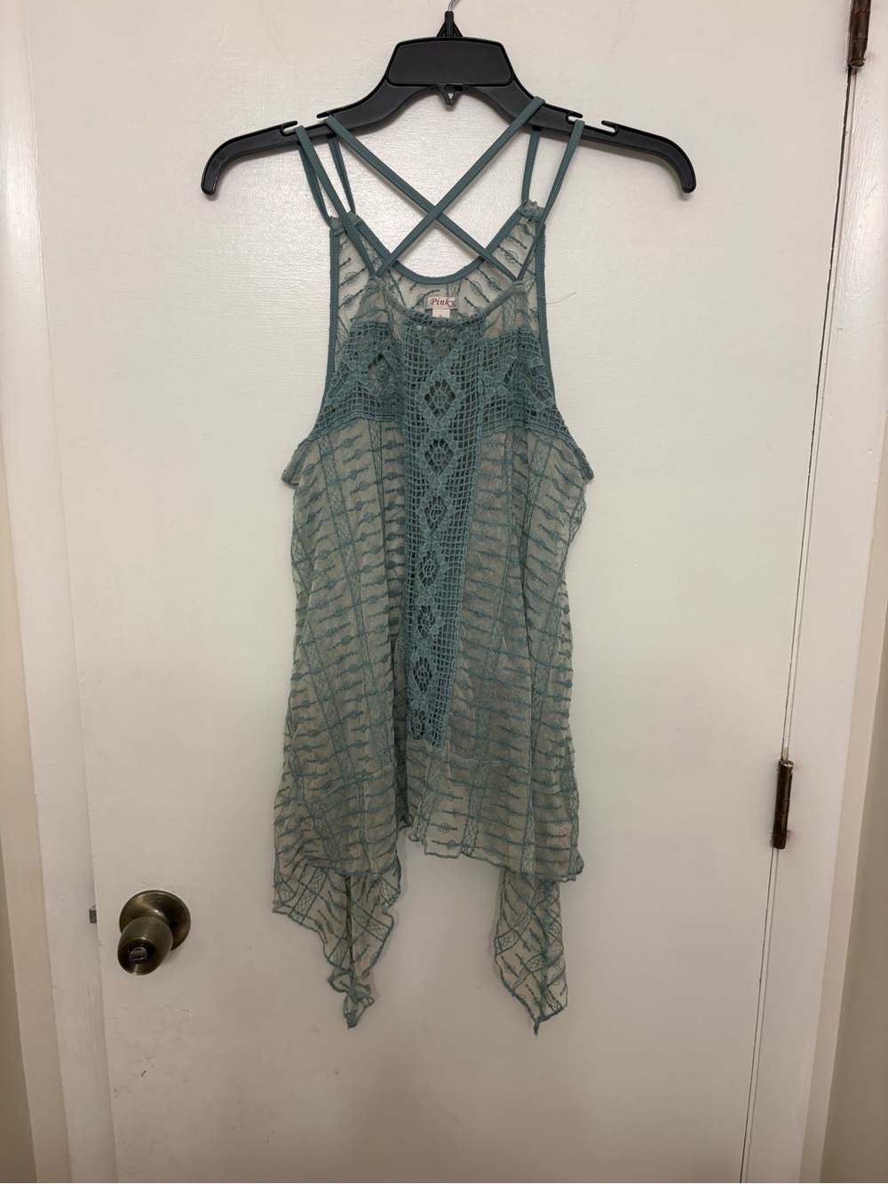 Vintage Y2K Sage Green Fairycore Crochet Handkerchief Hem Tank Top M